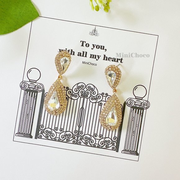 Gold Tone Bridal Teardrops Statement Crystal Dangle Earrings - Picture 1 of 7